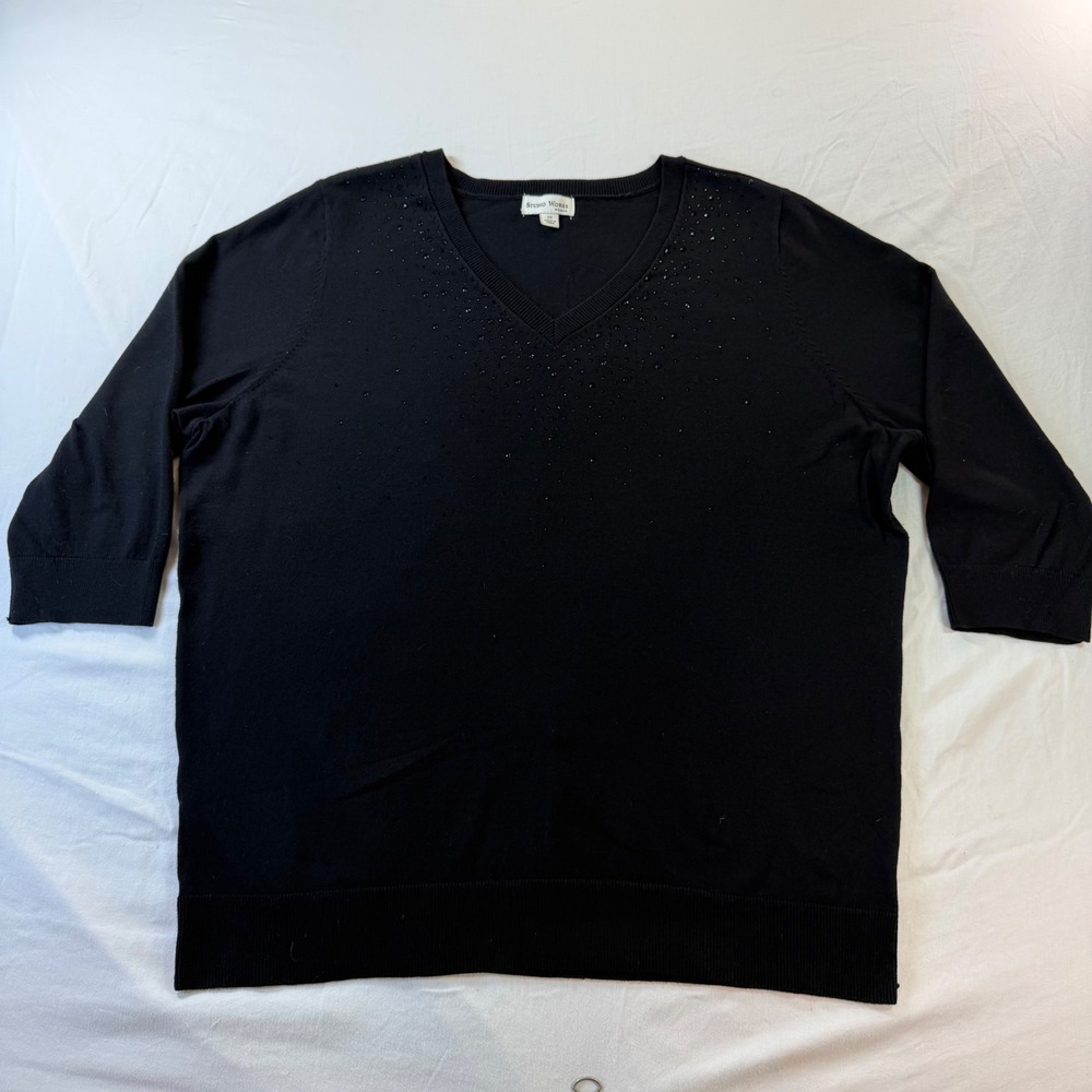 Studio Works Woman Sweater 2X Black Beaded V-Neck 3/4 Sleeve Plus